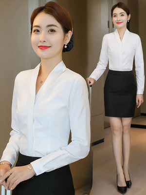 职业白色衬衫女空乘制服酒店前台工作服v领衬衣工装上衣面试套装