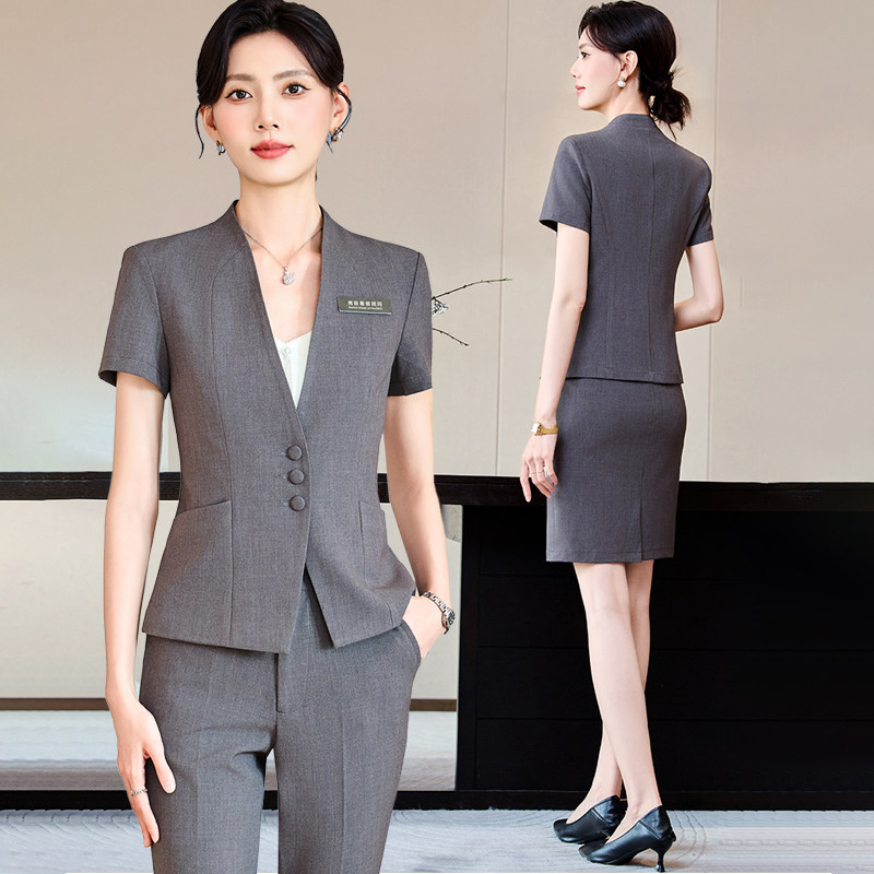 酒店服务员前台工作装女夏季薄款短袖职业装西装套装珠宝店工作服