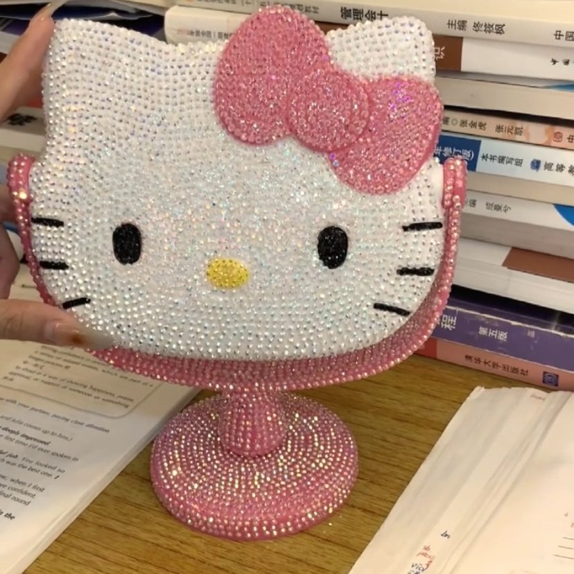hellokitty镜子KT猫手柄镜diy贴钻材料包便携带生日520情人节礼物