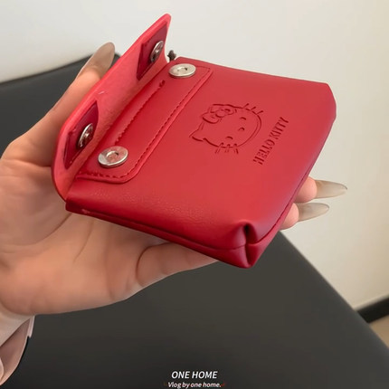hellokitty手工红色皮质零钱包可爱迷你kt便携耳机证件随身小卡包