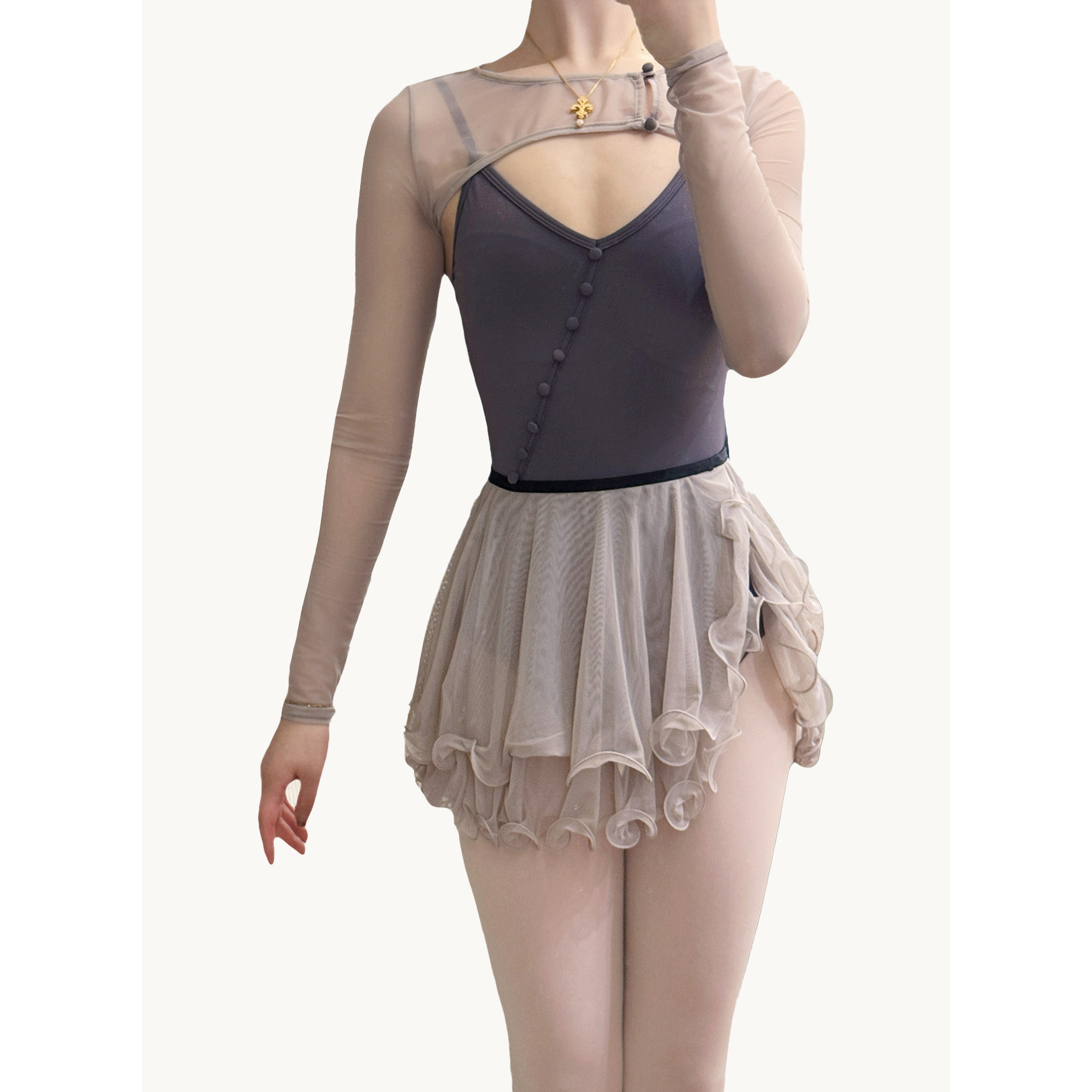 【灰羽】现代芭蕾舞连体服高弹性练功基训服V领成人女性四季通用