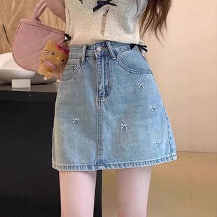 新款 季 高腰蝴蝶结刺绣设计a字半身裙子 浅蓝色牛仔短裙女夏装 大码