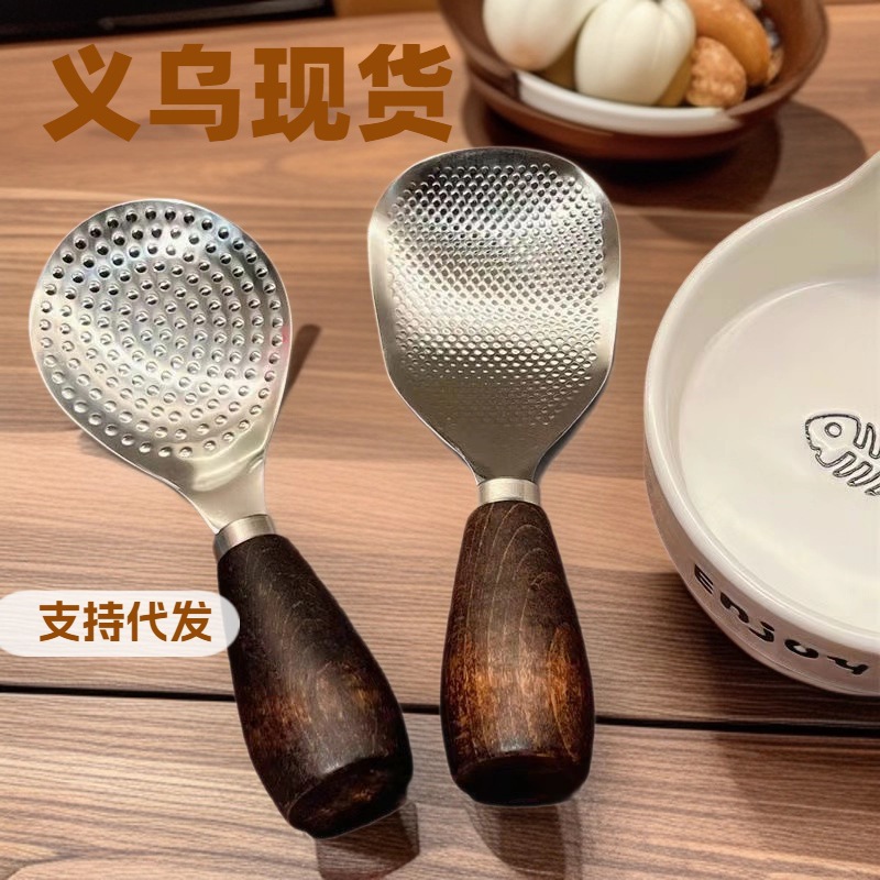 木柄不锈钢饭勺不沾米饭铲子家用可立式木柄家用勺子盛饭电饭煲