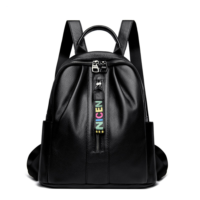 头层牛皮真皮双肩包女大容量时尚高级感旅行背包黑色极简风书包