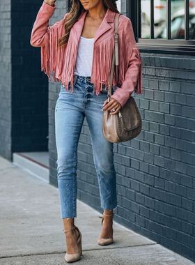 fashion fringed top2024秋季新款女装修身上衣长袖印花流苏外套