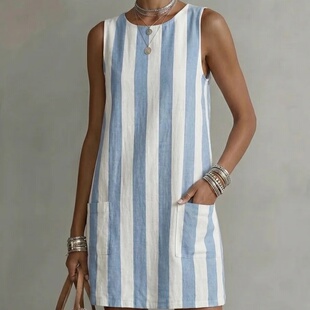 striped dress2026跨境欧美新款女士时尚休闲条纹显瘦圆领连衣裙