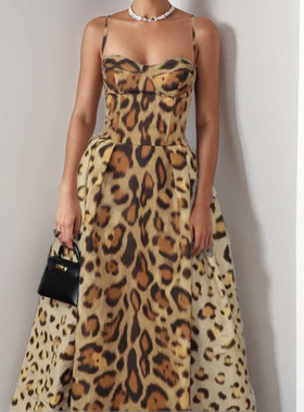 Leopard print dress新款跨境女装性感时尚豹纹吊带收腰A字连衣裙
