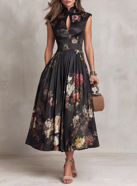 Flower dress2026欧美女装无袖黑色数码印花立体花朵修身连衣裙