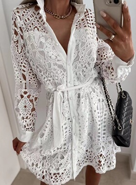 summer cutoutdress2023女装欧美新品时尚气质蕾丝迷你系带连衣裙