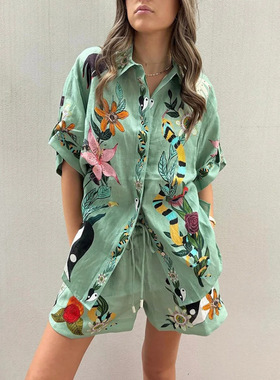 Shirt and shorts set2025夏季欧美女衬衫短裤宽松印花休闲两件套