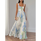 Floral 印花压褶长裙连衣裙 dress2025欧美女吊带数码 long skirt