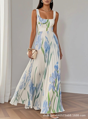Floral long skirt dress2025欧美女吊带数码印花压褶长裙连衣裙