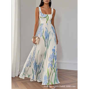dress2025欧美女吊带数码 skirt 印花压褶长裙连衣裙 long Floral