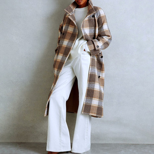 Plaid coat jacket2026欧美女装撞色格子仿毛呢系带束腰大衣外套