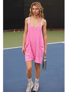 Jumpsuit with straps2024欧美夏季女口袋吊带针织短裤连体背带裤