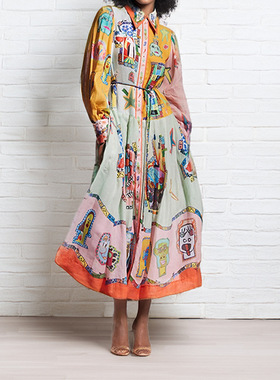 Waist up big swing dress欧美女装复古印花灯笼袖收腰大摆连衣裙