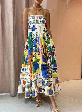 Suspended Dress2025夏季新款欧美女时尚印花露肩性感吊带连衣裙