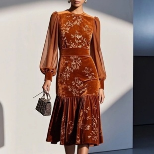 Fish tail dress欧美女秋印花丝绒连衣裙圆领网纱灯笼袖A字鱼尾裙