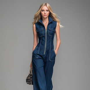 复古立领拉链无袖 Retro jumpsuit春夏新品 休闲仿牛仔时尚 女 连体裤
