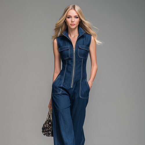 欧美复古仿牛仔立领拉链连体裤