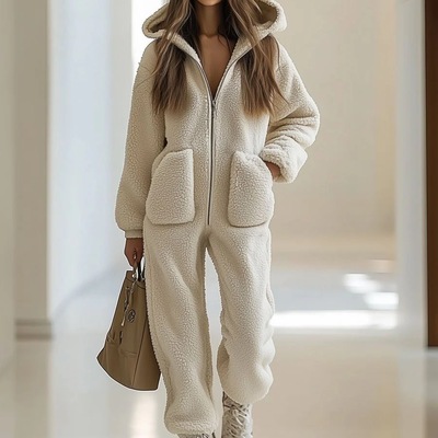 欧美女连帽V领口袋装饰连体裤