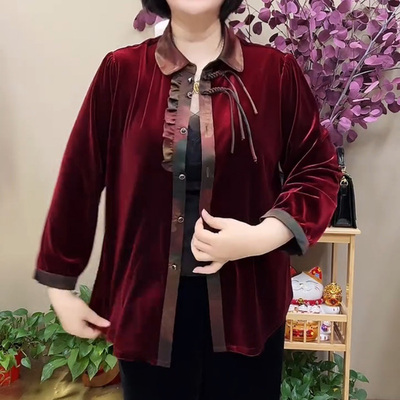 2025新年款翻领丝缎拼接纽扣开衫