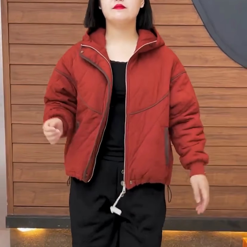 时尚简约净版菱形格抽绳连帽棉服防风保暖夹棉外套女冬中老年女装