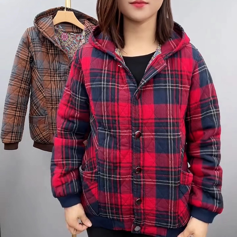 新款撞色格子连帽棉衣外套女冬季防寒保暖棉袄休闲简约中老年女装