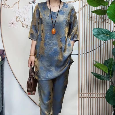 夏季爆款玫瑰暗花珠光变色V领两件套宽松遮肉时尚气质妈妈夏套装