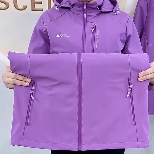 春秋款净色活帽拉链冲锋衣外套宽松显瘦上衣女休闲百搭中老年女装