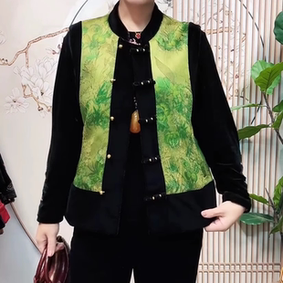 时尚年轻中国风蝶恋花盘扣拼接丝绒马甲女新款休闲百搭中老年女装