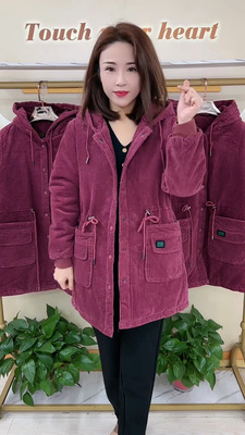 中长款抽绳两兜条绒外套保暖简约百搭上衣冬季中老年通勤妈妈装