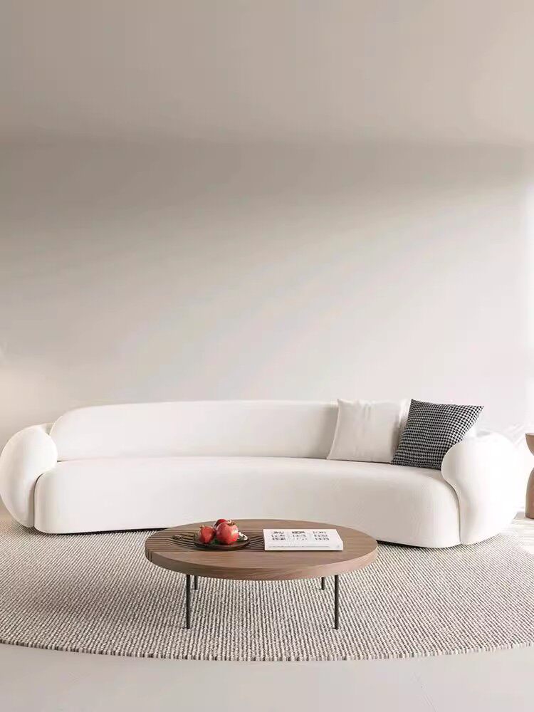 北欧ins风民宿设计师奶油风圆弧美容院接待区侘寂羊羔绒弧形沙发