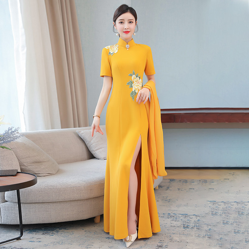 蚀骨旗袍女日常可穿新款高端走秀加长款优雅舞台演出服中式中国风