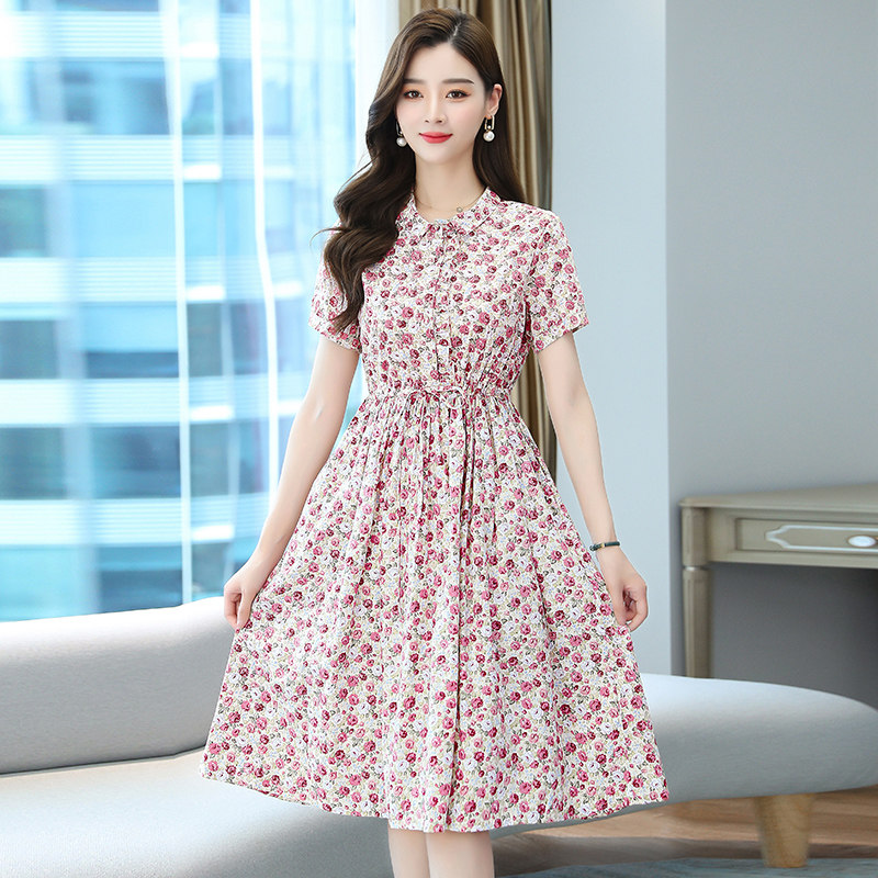 纯棉碎花连衣裙女2022新款春夏韩版大码中长款衬衫领女士裙子夏季