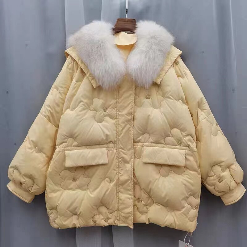 冬季新款羽绒服女中长款狐狸毛领连帽宽松加厚白鸭绒外套