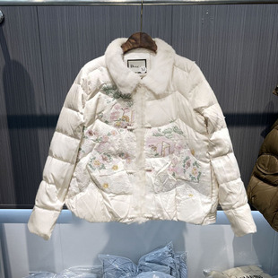 欧货高端羽绒服重工刺绣彩色绣花水貂毛领白鹅绒短款保暖显瘦外套