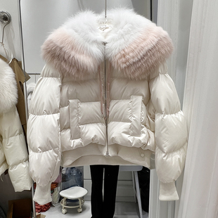 欧货渐变色狐狸毛羽绒服女短款时尚冬季加厚宽松显瘦新款羽绒服潮