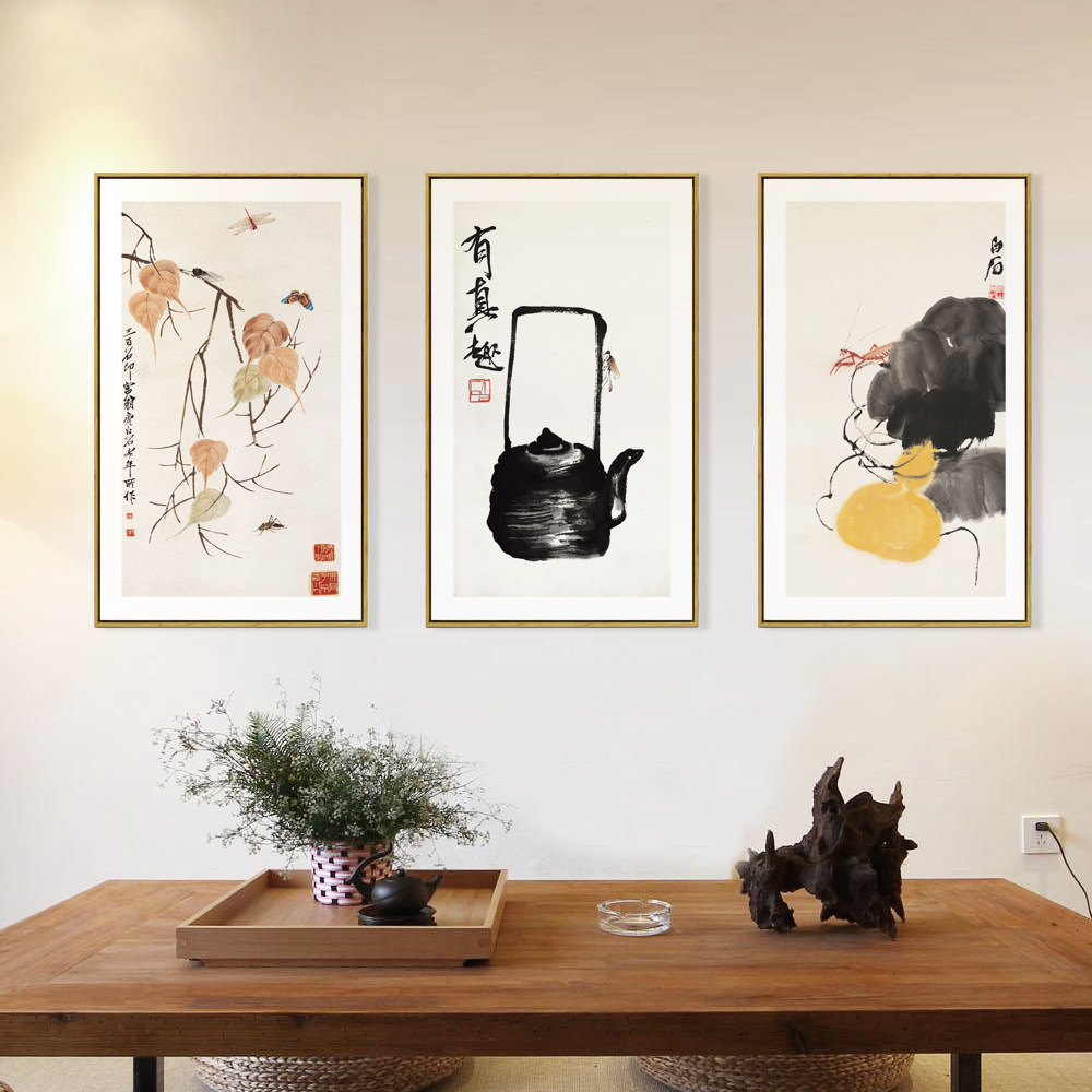 齐白石水墨国画螃蟹茶壶小品三联装饰画书房背景墙画茶室禅意挂画