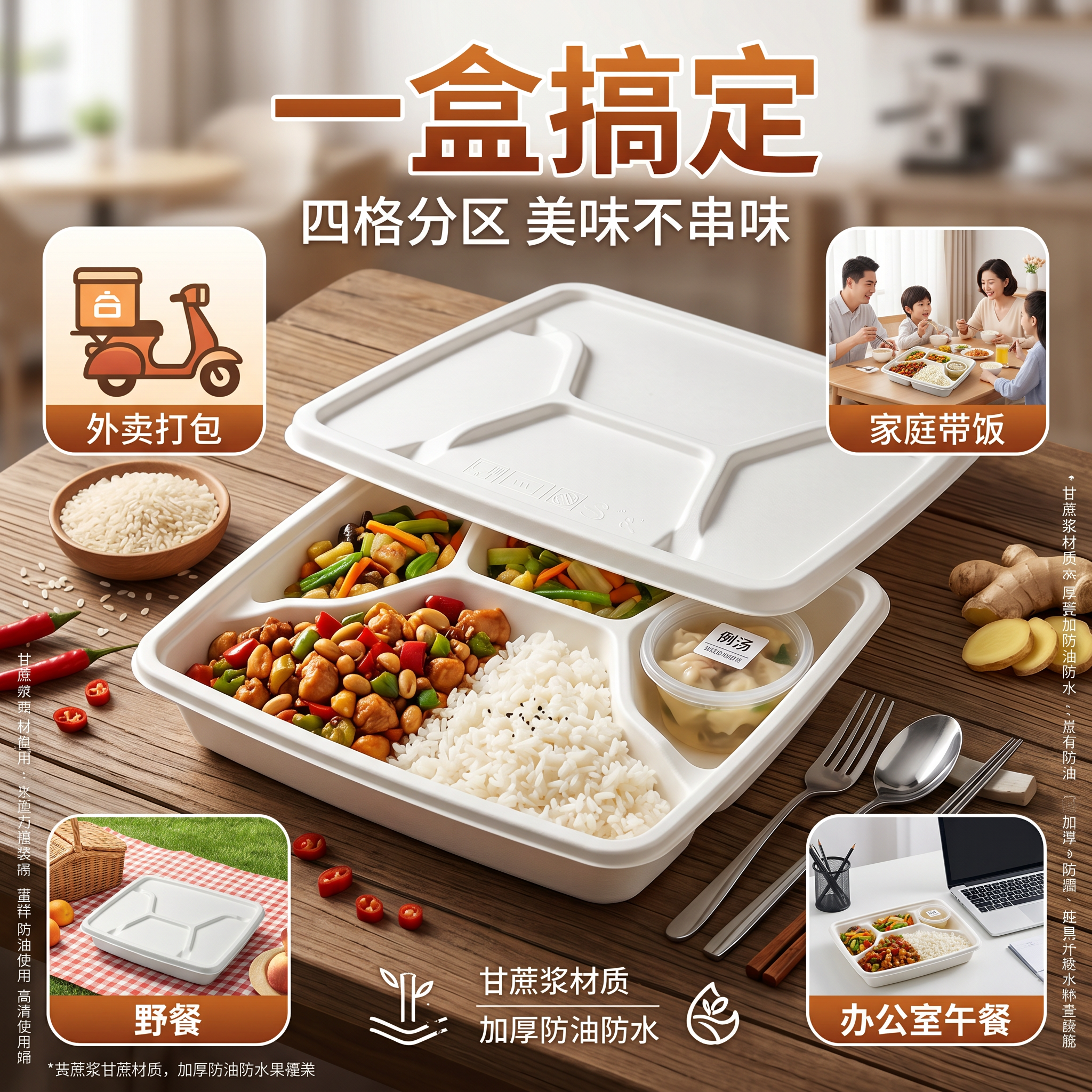 多格加厚一次性餐盒食品级堂食打包餐饭分格儿童外卖环保带盖套装