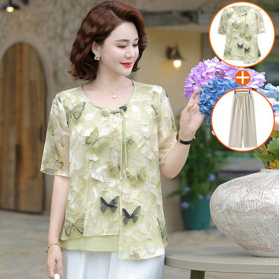 妈妈装夏季新国风雪纺短袖套装