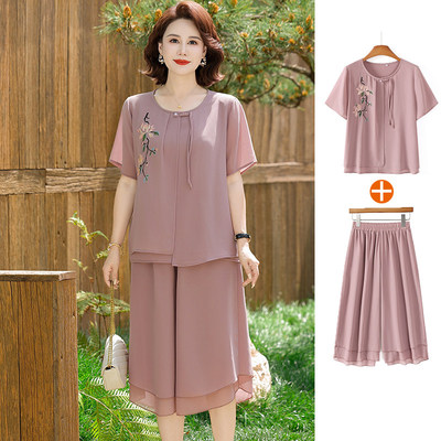 中年妈妈装雪纺小衫裤两件套