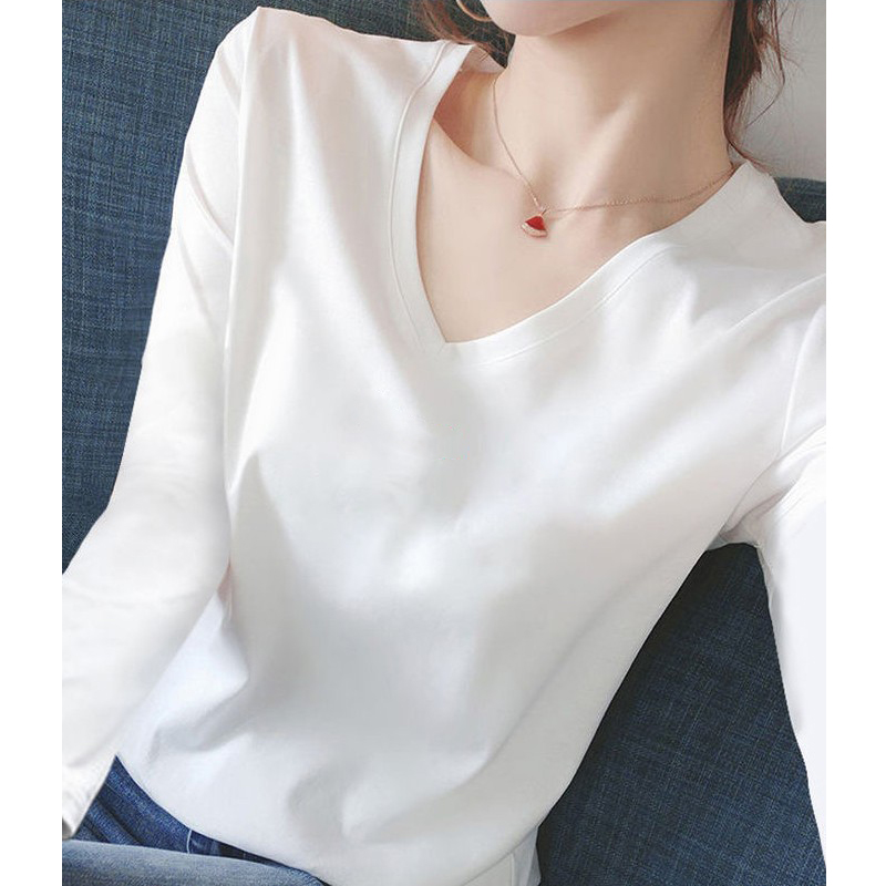 纯棉薄款秋装2021新款修身t恤女士气质长袖上衣V领打底衫女内搭冬