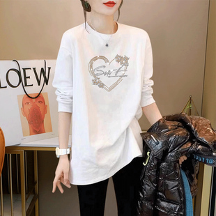 欧货白色长袖t恤女2026新款秋冬季宽松港风大版纯棉长款打底上衣