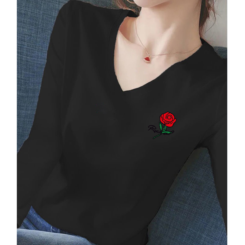 纯棉秋装2021新款时尚气质修身白色长袖t恤女装打底衫V领上衣内搭