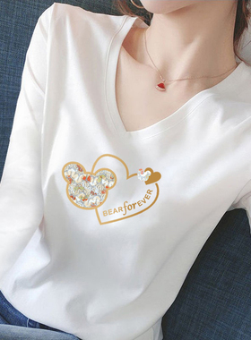 2026年秋季新款上衣纯棉长袖V领薄款白色T恤春秋冬内搭打底衫女装