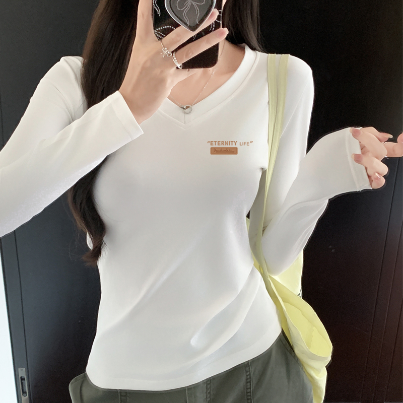 百搭系巨好看白色纯棉v领长袖t恤女2025新款春秋季上衣内搭打底衫