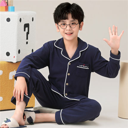 儿童睡衣男生春秋冬季薄绒保暖德绒小男孩中大童休闲风家居服套装