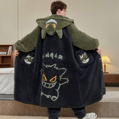 法兰绒睡衣男秋冬季加厚加绒男款青少年学生珊瑚绒中长款睡袍套装