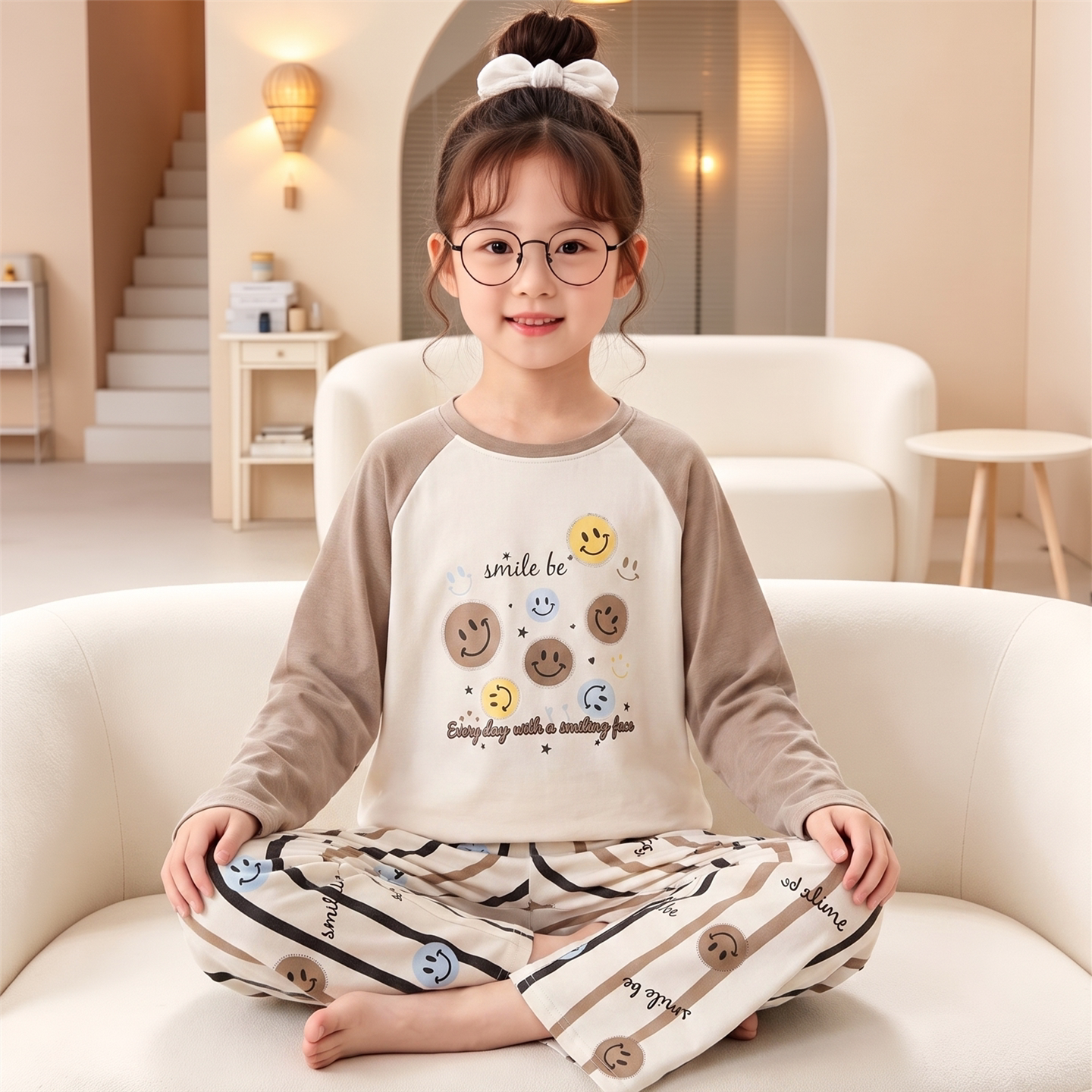 儿童睡衣女孩秋季长袖纯棉女童中大童小孩宝宝韩版简约家居服套装